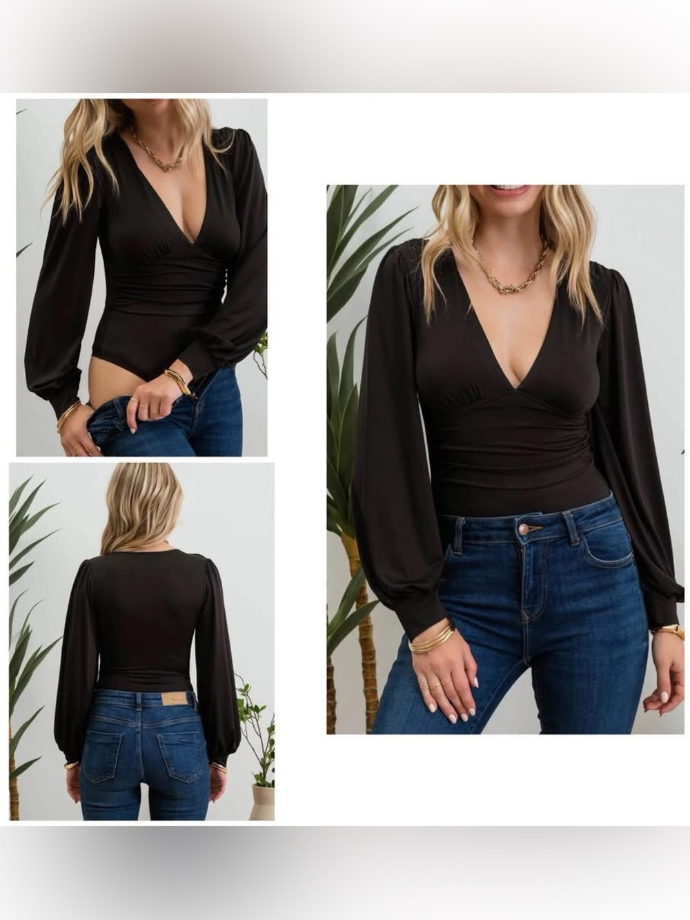Women’s Black V-Neck Long Sleeve Bodysuit